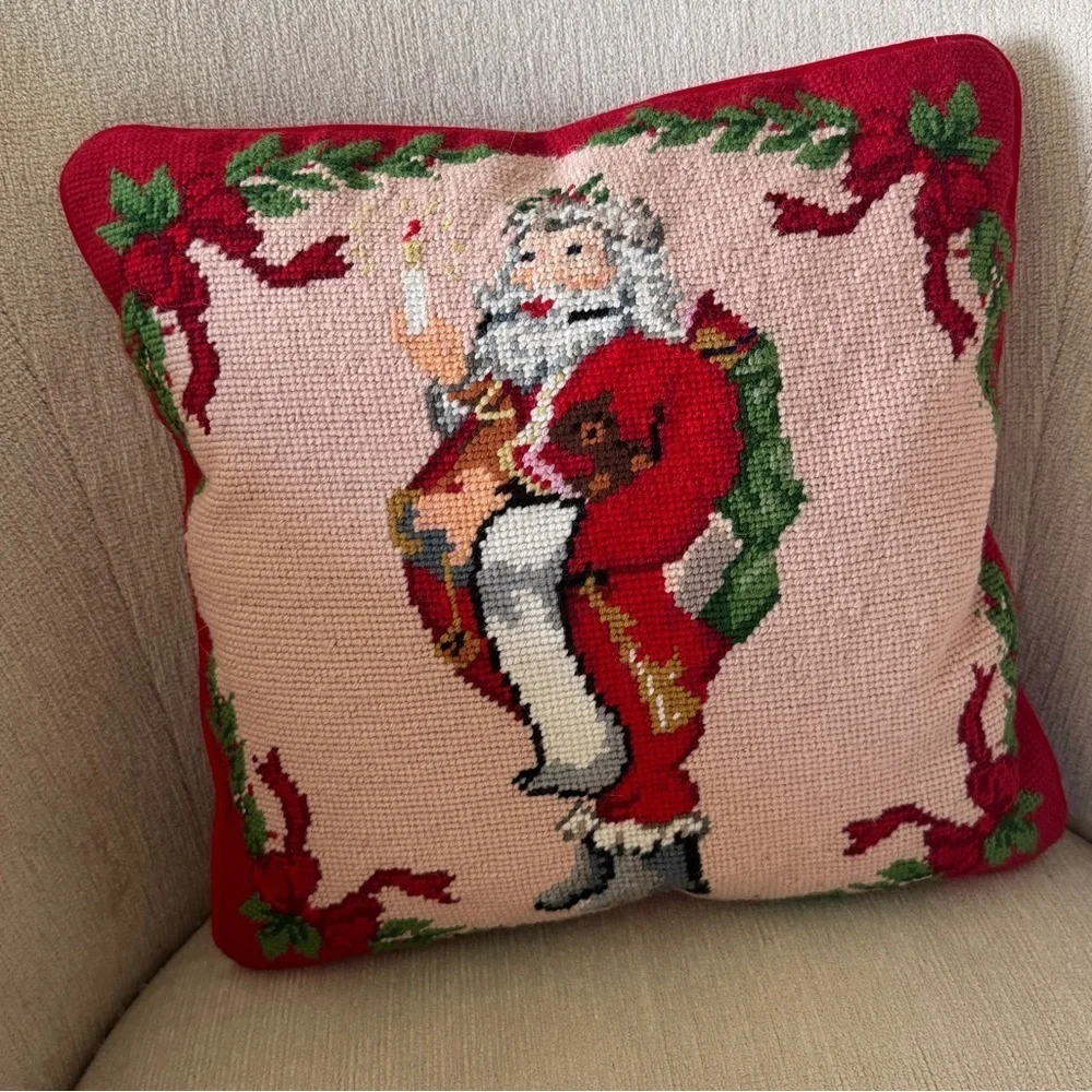 Handmade Needlepoint pillow santa claus St. Nick christmas velvet square bows